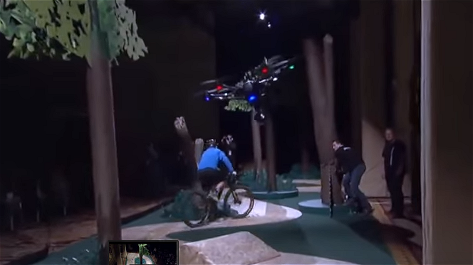 Intel Realsense Drone Technology follows Mountain Biker through Trees