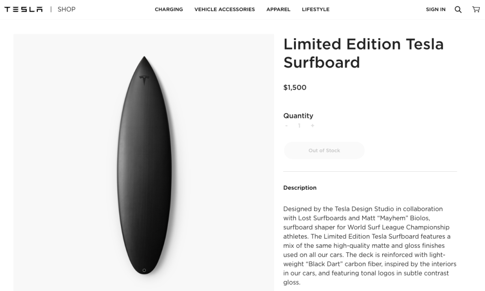 Tesla launches a Limited Edition Surfboard